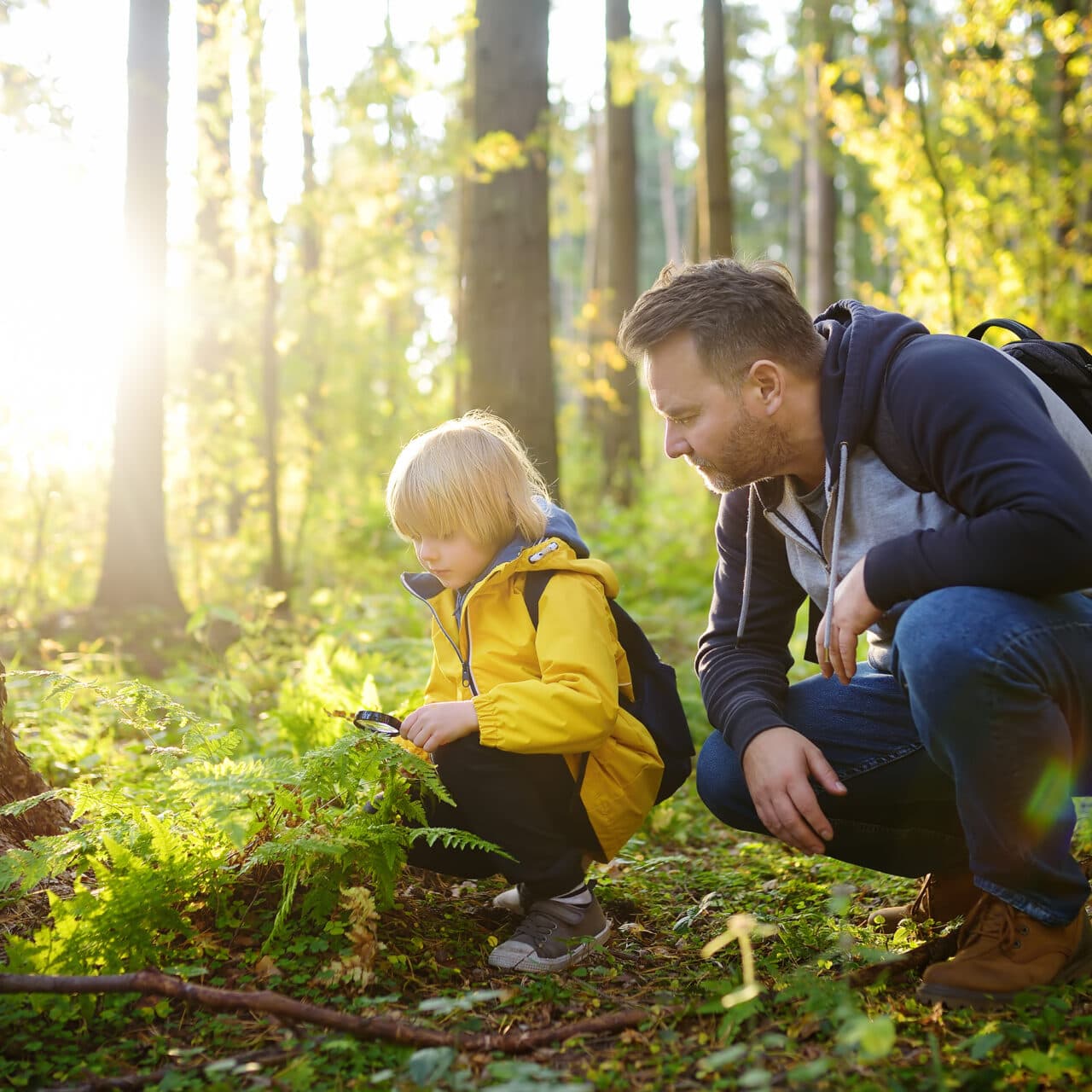 Bilden visar en ung pojke och en vuxen man som befinner sig i en skog. Pojken, som bär en gul ...