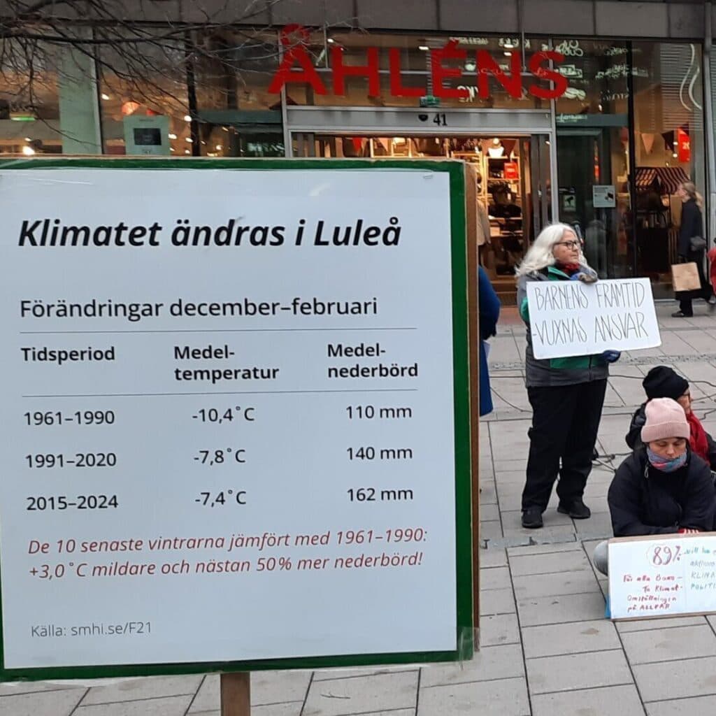 Rebellmammorna gör en aktion i Luleå centrum, med skylt som visar lokal klimatstatistik