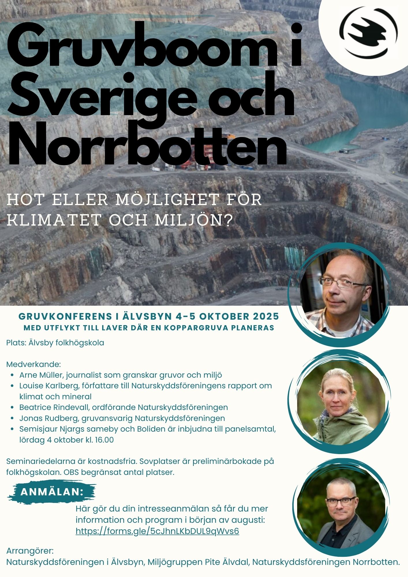 Flyer för gruvkonferens. 3 olika bilder på tre deltagare som kollar in i kameran.